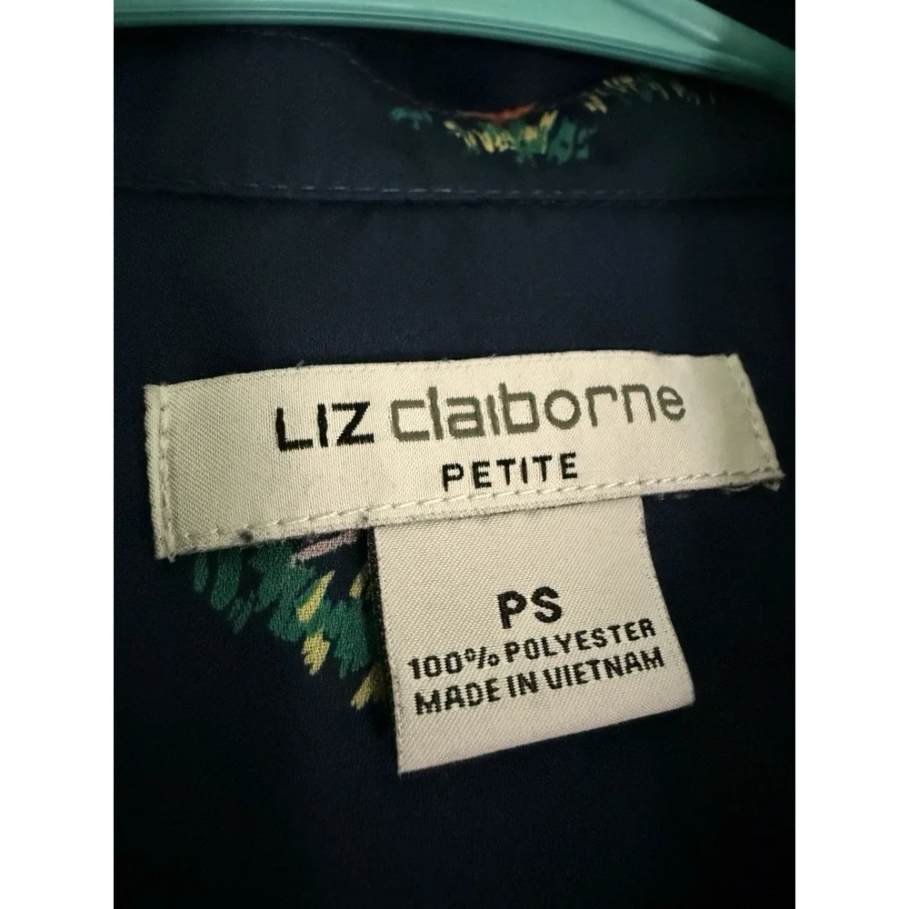 Liz Claiborne Button Front Womens Sz PS Petites Navy Bird Print Long Sleeve Top